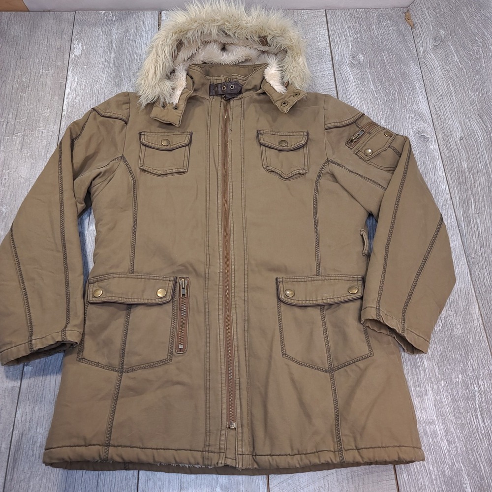 Top Gun Artillery Cargo Jacket Women XL Brown Faux Fur Trim Hood Sherpa Lined